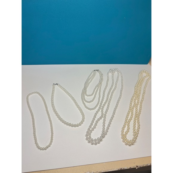 Jewelry - Vtg Style Faux Pearl Necklace Lot 5 Pieces White Cream Multi Strand Layered
